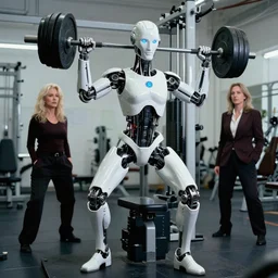 cybernetic ai computer machine cyborg, lifting weights, by annie leibowitz and stephen gammell