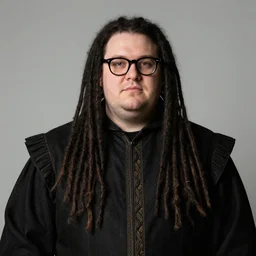a renaissance portrait of an obese white skinned entrepreneur with long black dreadlocks and trendy glasses