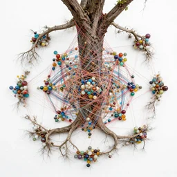 tree roots intertwined with thin colorful strings forming around colorful marbles in a tangled mandala vortex growing out of a hexagonal box by Jim Burns and Margaux Valonia, rainbow colors, vivid colors, saturated, hyperdetailed, photorealistic, octane render, 3D, trending on artstation