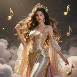a beautiful female goddess of notes character, character is in all its glory, character is centered on the image, character is in her natural relaxed pose, rim lights, particles and dust in the air, fancy clouds, highly detailed professional photo, dynamic lights, particles are flying, depth of field, trending on artstation, illustration, hyper realistic, vray caustics, super detailed, colorful accents, cinematic shot