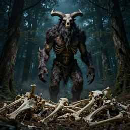 tall monster creature with horns standing in front of a big pile of bones in the woods at night, horror, upscaled, ultra detailed, hyper realistic, 8K