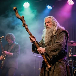 gandalf playing an intricate wooden staff in a funk band, fog machine, colored spotlights