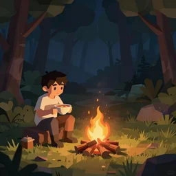 A jojo character sitting at a campfire enjoying a bowl of soup at night in a forest, digital art, wide shot, low polygon