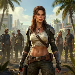 fallout 5, charismatic beautiful rugged brunette female protagonist, portrait, outdoors tropical cityscape, atmospheric lighting, painted, intricate, volumetric lighting, beautiful, daytime, sunny weather, few clouds, sharp focus, deep colours, ultra detailed, by leesha hannigan, ross tran, thierry doizon, kai carpenter, ignacio fernandez rios