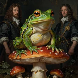 cthulhu frog sitting on mushroom, full body, hyper realistic, extremely detailed, dnd character art portrait, dark fantasy art, intricate fantasy painting, dramatic lighting, vivid colors, deviantart, artstation, by edgar maxence and caravaggio and michael whelan and delacroix