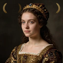 portrait of young woman in renaissance dress and renaissance headdress, style by the ex machina