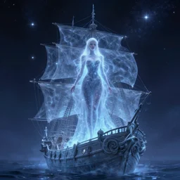 Astral maiden standing on a ghostly ship in a starry realm, trending on artstation