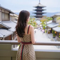 a vibrant dream of one beautiful girl wearing a gucci dress from behind on a balcony looking out over a fancy street in kyoto japan, lush plants, monorail, glowing paper lanterns, high fashion, magic details, by moebius, edward hopper, james gilleard, and james jean, hd, 8 k, trending on artstation, uhd,