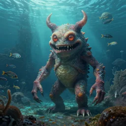 surrealistic monster on alien planet, underwater world, many fish, jules verne