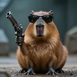 portrait of a capybara!!! wearing sunglasses holding a gun!!!! from the science fiction sci - fi movie capybara with gun, 8 k photo still, 8 k, f 1. 8, macro - w 7 0 8