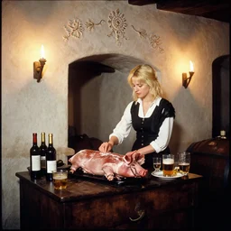 hot blonde working in a wine cellar, food, pork, beer, schnapps, rustic, traditional, torches on the wall, delicate embellishments, painterly, offset printing technique, photographed on kodachrome by brom, robert henri, walter popp