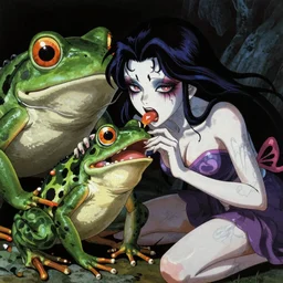 scary godlike fairy in the anime style of Junji Ito , eating a psychedelic frog violently , being chased by a giant frog , petite , upper body , epic , traditional makeup , gorgeous features ,Perfect pixel art, Post-processing , Greg rutkowski legendary matte painting , masterpiece