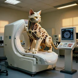 a mri 3 d printer machine and control panels in the laboratory inspection room making a cybernetic symbiosis, cybernetic mech cat, organic ceramic fractal forms, golden hour lighting, film still from the movie directed by denis villeneuve with art direction by wayne barlowe and salvador dali, wide lens,