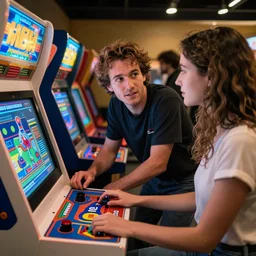 matthew broderick playing a 1 9 8 2 galaga arcade game while his pretty girlfriend looks on. professional photography