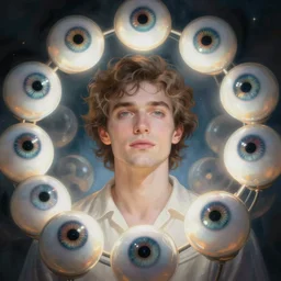 swarm of glowing iridescent eyeballs surrounding a man