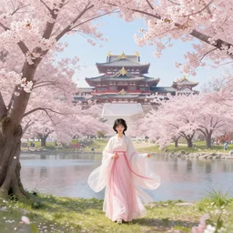 ! dream a beautiful picture of sakura in full bloom, palace ， a girl in hanfu, by greg rutkowski and thomas kinkade, trending on artstation
