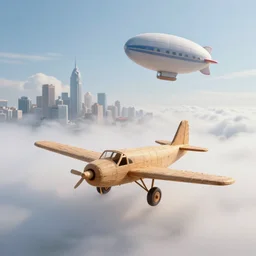 a homemade plane in the foreground and a flying city fussed with a blimp in the sky over the clouds in the background, in the bottom there a lot of fog