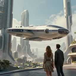 gorgeous sci fi imagery | brutalist architecture | landing spot | space and city flying craft | futuristic | beautiful couple in the foreground heading to their hovering transport | futurism | modern couple | futuristic cityscape in the background | medium angle | by john berkey, greg rutkowski, james gurney