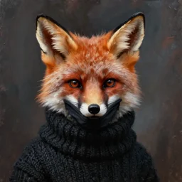 oil painting portrait of anthropomorphic female fox animal dressed in black knitted sweater, cloth mask over mouth, fox animal, oil painting, stare