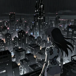 android mechanical cyborg anime girl overlooking overcrowded urban dystopia. long flowing hair. gigantic future city. pitch black night. raining. makoto shinkai. wide angle. distant shot. dark and dreary.