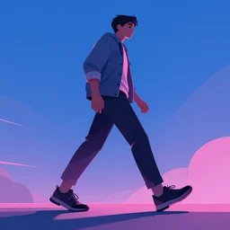 Trippy perspective of a man walking. Bottom-up view. Beautiful blue and pink lighting. Highly detailed digitial art. Trending on Behance.