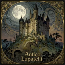 dracula's castle on top of a swirling hill, full moon, illustration, art nouveau, intricate, by antonio lupatelli