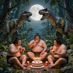 photo, neanderthal people, sumo japanese, eating inside mcdonalds, surrounded by dinosaurs!, gigantic forest trees, sitting on rocks, bright moon, birthday cake on the ground