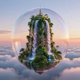 tall building inside a bubble, floating on clouds, hyper realistic 3 d render, unreal engine, gardens, waterfalls, ecofuturism, solarpunk, maya, 8 k, vmax, award winning, trending on artstation, smooth, sharp focus, octane, twilight sunset background