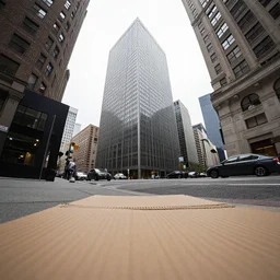 City of cardboard viewed from the streets, ultrawide angle photo
