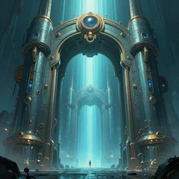 symmetric!! vanishing point ， octane render, epic, steampunk gate to another dimension ， night, surreal, aqua blue, huge ， highly detailed, artstation, smooth,, smooth, sharp focus, illustration, warm top light ， concept art by raphael lacoste ， artgerm and john berkey, dream, digital painting, artstation