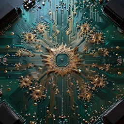 fractal circuit motherboard, greg rutkowski, scifi, symmetry fractal, octane render, detailed realistic 8 k,