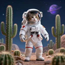 An astronaut cat in a space suit on a planet with a lot of cactuses, beautiful digital art, dramatic volumetric lighting, epic composition, high detail, 4K Ultra HD