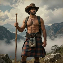an ethereal dramatic painting of a handsome rugged shirtless desi hiker | he is wearing a plaid kilt and cowboy hat, and holding a wooden pole | background is mountains and clouds | homoerotic, dramatic lighting, highly detailed, vintage travel poster | by emiliano ponzi | trending on artstation