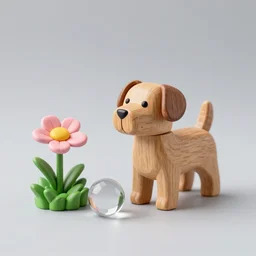 miniature wooden dog near miniature flower, crystal ball, trending on artstation, hdr, photo studio