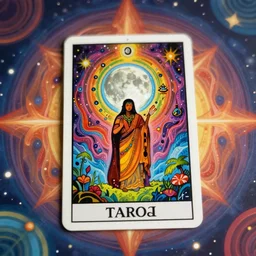 tarot, shamanic, beautiful colors, psychedelic, moon, souls, magic, sharp foccus ilustration, artstation hq, in style of dominik mayer