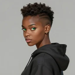photographic portrait of an handsome young black woman with a mohican haircut and green eyes in a back hoodie, broad lighting, elegant, highly detailed, digital painting, artstation, concept art, sharp focus, star wars, illustration, art by makoto shinkai