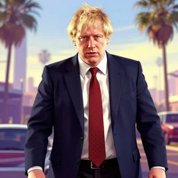 Boris Johnson in GTA V, cover art by Stephen Bliss, artstation, no text