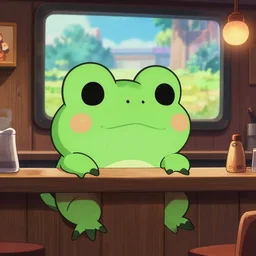 cute frog themed bar, pokemon anime scene,