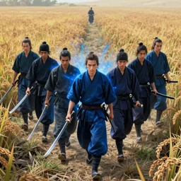 illustration cinematic seven ronins holding katanas walking through field of rice, highly detailed digital art masterpiece, smooth vitaly bulgarov eric zener dramatic blue light, ground angle uhd 8 k, sharp focus