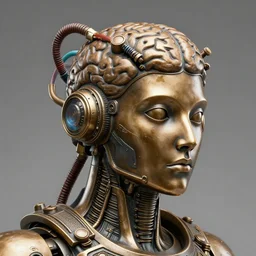 a broncestatue of a steampunk futuristic robot head wearing brain sensors with multicolored tubes, 8 k, front shot, symetrical, flourescent colors, halluzinogenic, multicolored, insanely detailed, front shot, 3 d render, octane
