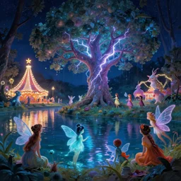 a night carnival fairies around a magical tree next to a lake with iridiscent water, christmas lights, volumetric lightning, creatures and fantastic people disguised as fantastic creatures in a magical forest by summer night, masterpieceunderwater scene, masterpiece painted by edwin austin abby, scene by night