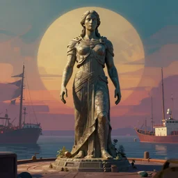 utopian colossus statue in the docks by samwise didier, rossdraws, matte painting, stylized background, cinematic lighting, maya, pixar, unreal engine, artstation