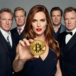 attractive woman holding a golden bitcoin, commercial by annie liebovitz, gaston bussiere, craig mullins, j. c. leyendecker