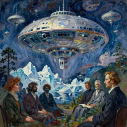 study of the psychedelics dream bot mothership over the sublime iceberg city. painting by monet, bosch, wayne barlowe, agnes pelton, rene magritte