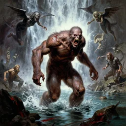 a screaming bigfoot in the river styx of the underworld, frank frank frazetta and deviantart, blood splatters, charlie bowater and tom bagshaw, insanely detailed, atoms surrounded by spirits flying, water fall, horror, sci - fi, surrealist painting, by peter mohrbacher