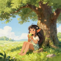 A cute kobold girl is enjoying the sweet summer air under the shade of a great oak tree in summer. trending on Pixiv. trending on ArtStation. A vibrant digital oil painting. A highly detailed fantasy character illustration by Wayne Reynolds and Charles Monet and Gustave Dore and Carl Critchlow and Bram Sels