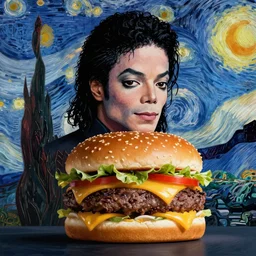 potrait of micheal jackson fused with a mcdonald's burger, van gogh, surrealism, hybrid