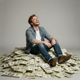 a very small adult man sitting, laughing on a large pile of money, in the style of alex ross