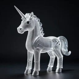 Photo of a steel unicorn composed in a dark room