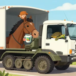 a horse riding a tank while drinking a coffe and eating a turtle while driving a truck
